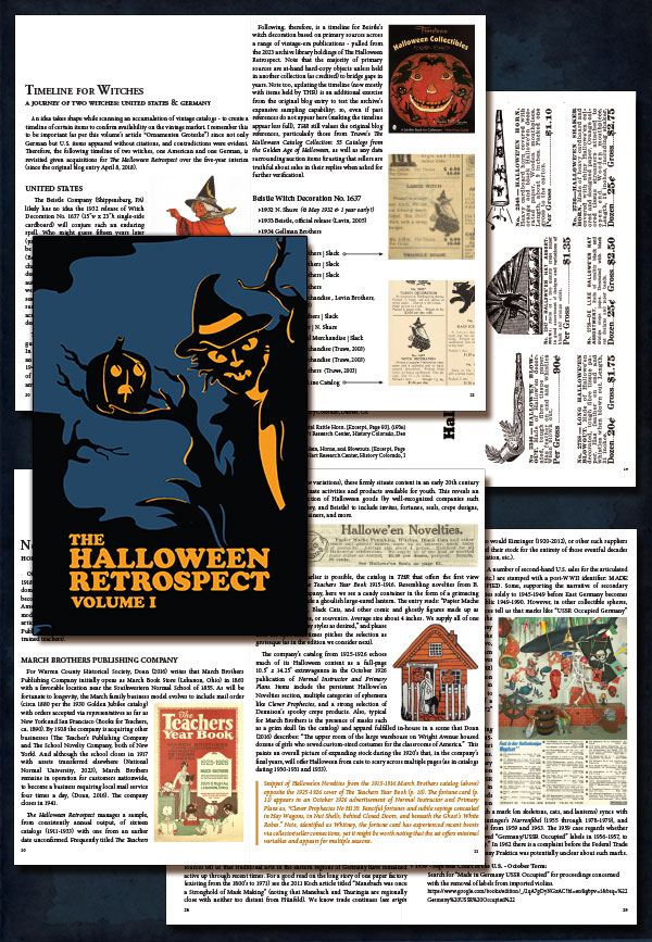 Looking into the pages of a vintage Halloween collectibles guidebook written for historians and archivists. Shown are excerpts from vintage catalog sources including Western Novelty Company and a 1926 advertisement from Normal Instructor and Primary Plans.