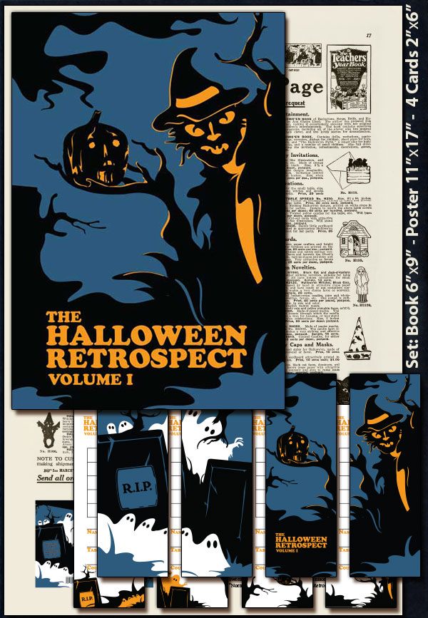 Vintage Halloween collectibles guidebook for serious historians and archivists that uses original vintage catalog source material to study the market of the early and mid 20th century. Shown is book, poster, and bookmark-tally cards.