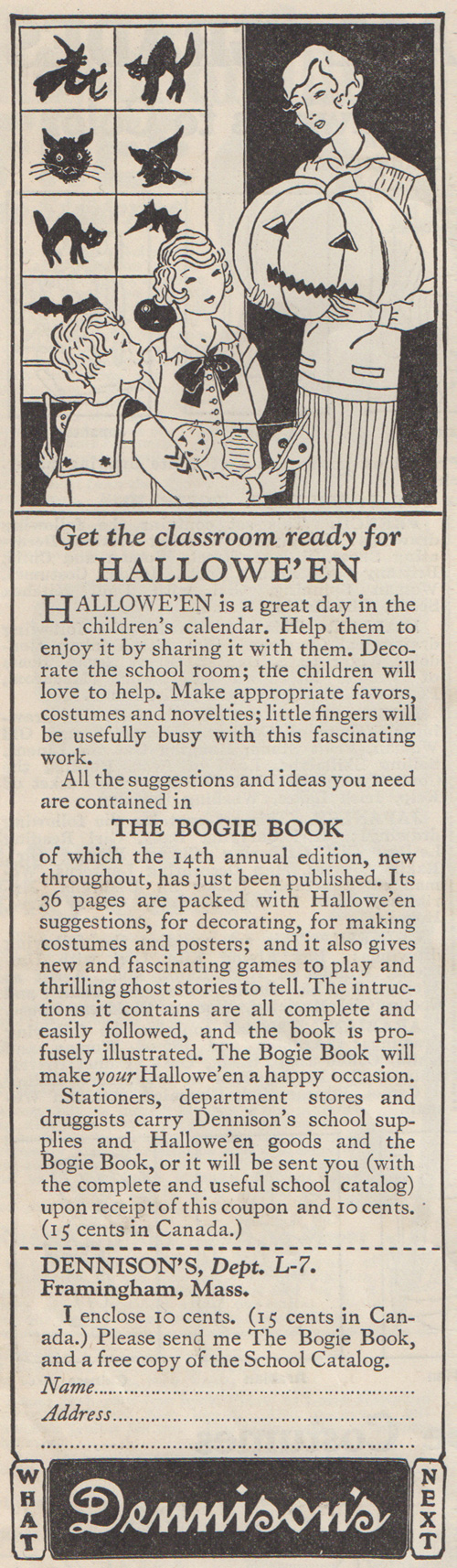 Get the classroom ready for Halloween. The Bogie Book. Advertisement for Dennison's in the October 1926 edition of Normal Instructor and Primary Plans. 