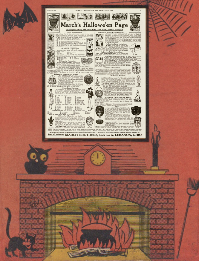 March's Halloween Page, October 1926 from Normal Instructor and Primary Plans as a poster in a faux interior of an old weather forecaster device. The poster comes in the new research guidebook about vintage Halloween collectibles - The Halloween Retrospect.