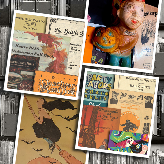 A snapshot of nearly 500 vintage catalogs on the shelf at The Halloween Retrospect archive - a library of information objects that inform a new guidebook series on vintage Halloween collectibles for historians, archivists, and researchers. 
