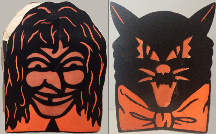 Halloween Lanterns (witch and black cat), release 1939, identified by reference guidebook for vintage Beistle in Lavin's Timeless Halloween Collectibles 1920-1949.