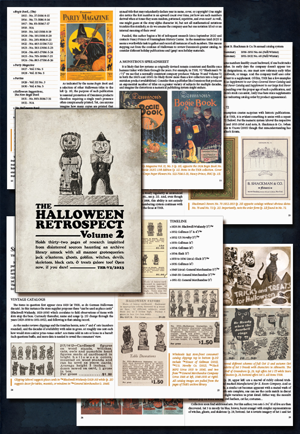 Book sample of four spreads from The Halloween Retrospect, Volume 2 show chapters on Dennison, Shackman, Rosen, and German skittle decor.