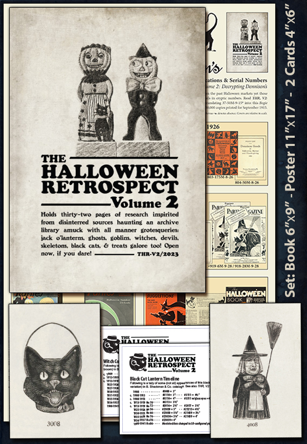 Official set shown together is in each store sale of The Halloween Retrospect, Volume 2 with includes one 6x9 softcover guidebook, an 11x17 fold-out poster featuring Dennison Manufacturing Company, and 2 4x6 timeline cards that feature novelties from B Shackman & Co.