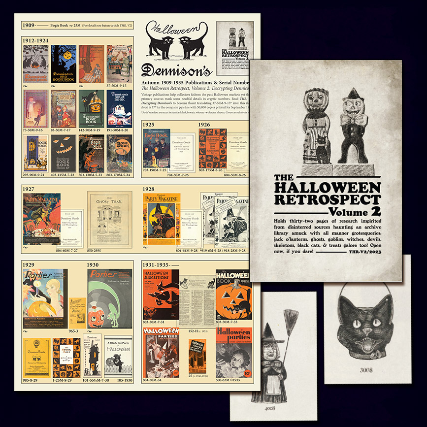 Vintage Halloween collector book shown here with inserts of poster and timeline cards for focus article Decrypting Dennison: Serial Number Guide with Autumn Publications of The Halloween Retrospect, Volume 2.