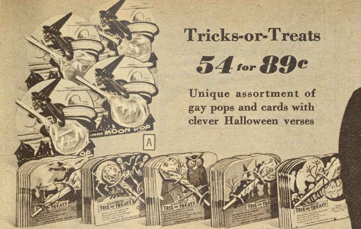 Vintage Halloween candy collectors will love this 1951 catalog clipping from Sears Midseason Fall Catalog that illustrates items by E. Rosen Company - from an article in The Halloween Retrospect, Volume 2 (released December 2023 and available now from THR etsy book store). 