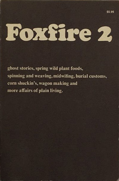 Vintage cover art for Foxfire 2 with Coopman font on a simple brown cover together with a practically quick list of contents including ghost stories.