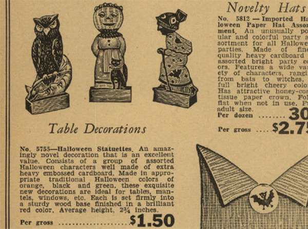 A vintage Halloween collector will enjoy this vendor catalog clipping circa 1948 from General Merchandise Company promoting these German embossed standees as table decorations - but what if their actual intended use is game skittles?