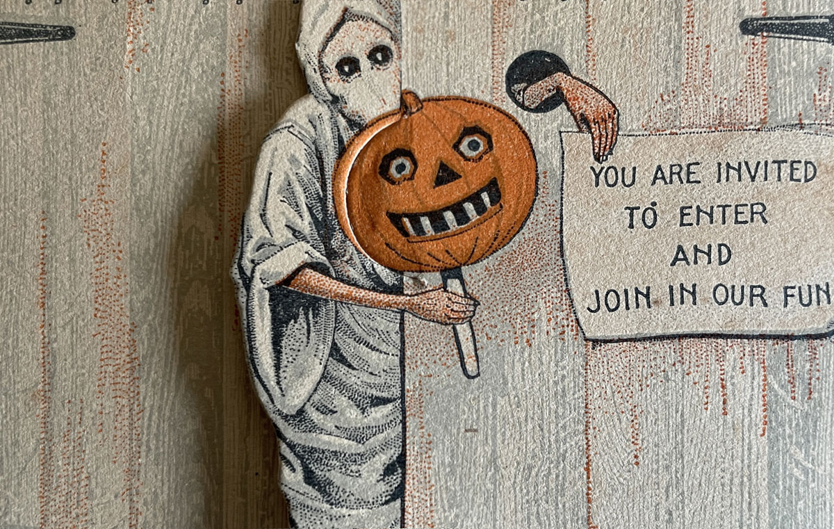 Gatekeeper data for source and credit - commentary by guidebook author on vintage Halloween collectibles - featuring invitation by Dennison under discussion.
