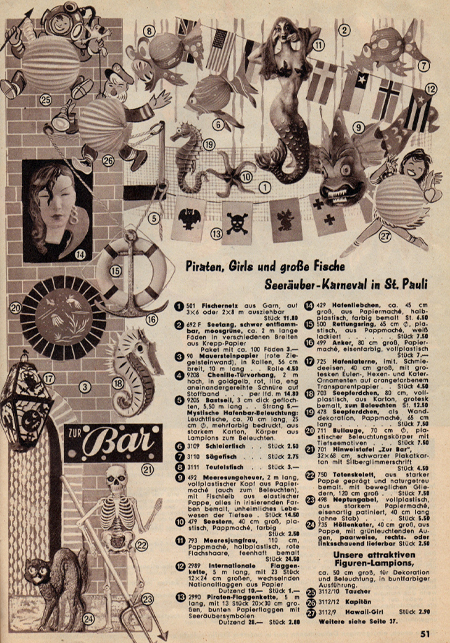Vintage catalog, 1955 Einzinger Narrenfibel, offers market data on rare vintage German Halloween collectibles like the arched black cat, the moveable skeleton, and the large 8-panel lantern.