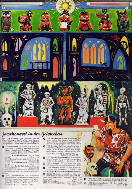 Catalog data shows rare vintage German Halloween collectibles like owls, black cats, jack o'lanterns, and skeletons in this 1965 Einzinger Narrenfibel.