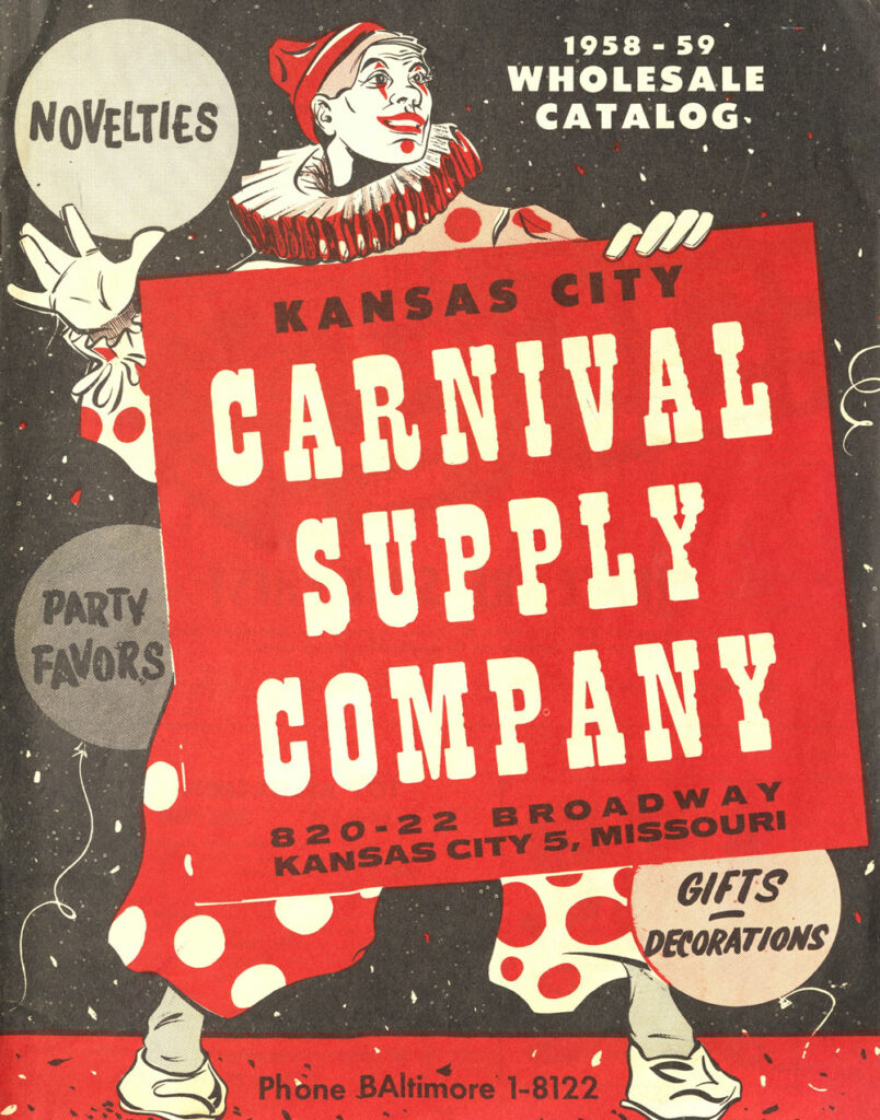 Kansas City Carnival Supply Company 1958-1959 Wholesale Catalog clown cover art with vintage Halloween collectibles, novelties, and favors catalog collection of The Halloween Retrospect archive library.