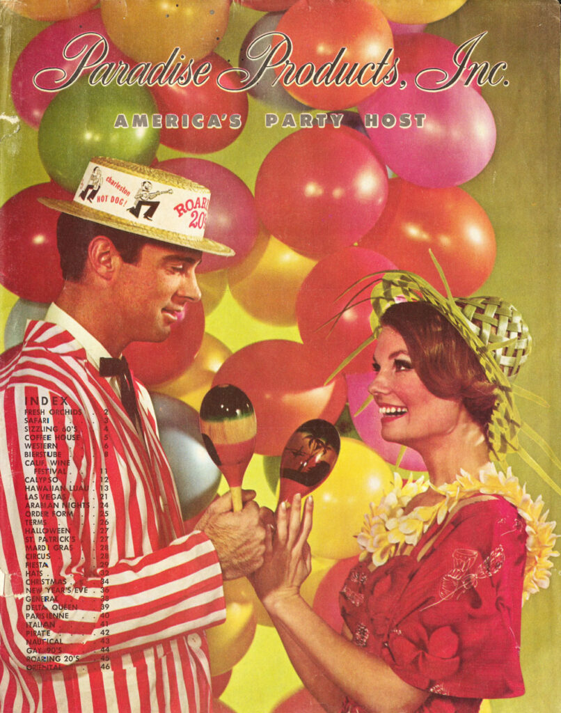 Paradise Products Inc 1960s (California) party couple cover art with vintage Halloween collectibles, novelties, and favors catalog collection of The Halloween Retrospect archive library.