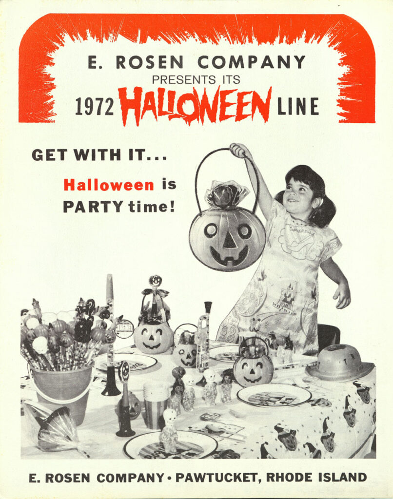 E Rosen Company (1972) Halloween is Party Time cover art with vintage Halloween collectibles, novelties, and favors catalog collection of The Halloween Retrospect archive library.