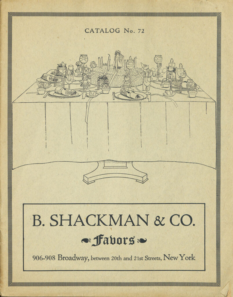 B. Shackman & Co Catalog no 72 (circa 1910's) table cover art with vintage Halloween collectibles, novelties, and favors catalog collection of The Halloween Retrospect archive library.