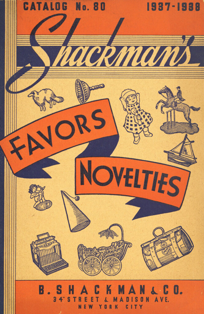 B. Shackman & Co Catalog No. 80 (1937-1938) dolls, noisemakers, miniatures cover art with vintage Halloween collectibles, novelties, and favors catalog collection of The Halloween Retrospect archive library.