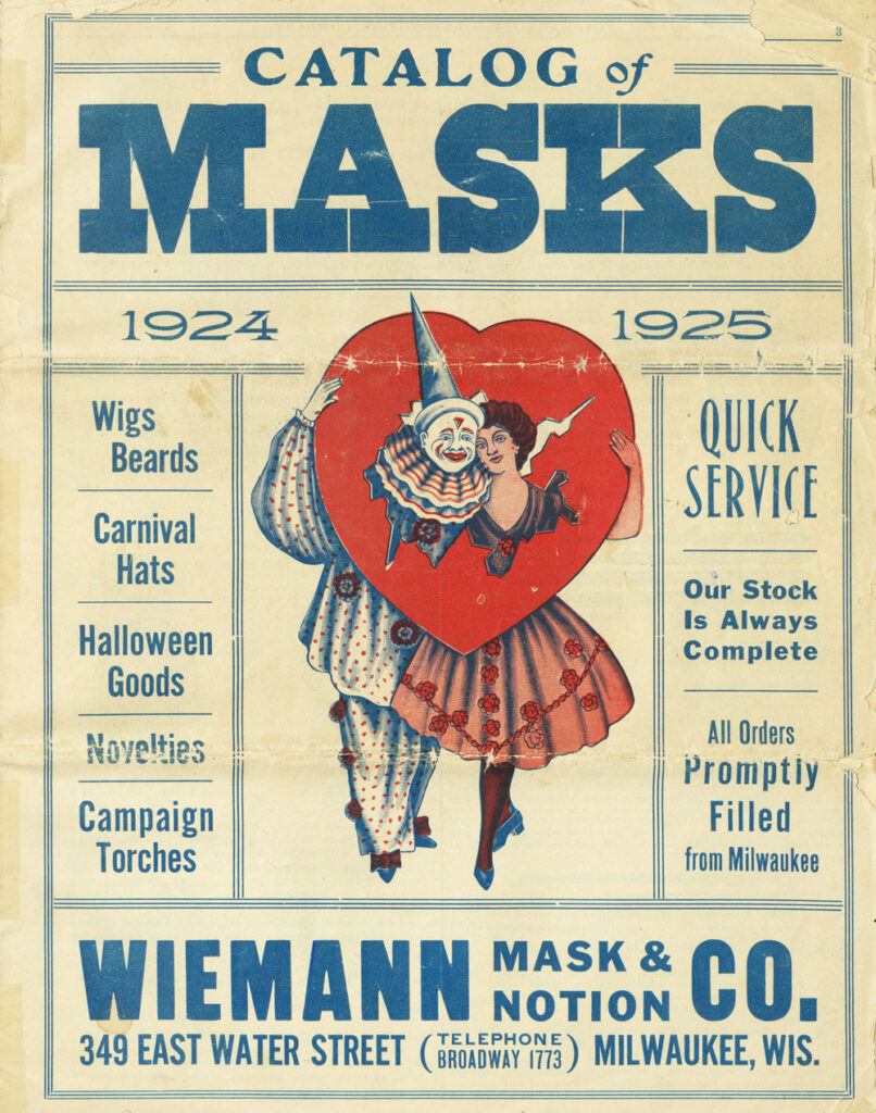 Wiemann Mask & Notion Co. (1924-1925, Milwaukee) Catalog of Masks with clown and woman in heart cover art with vintage Halloween collectibles, novelties, and favors catalog collection of The Halloween Retrospect archive library.