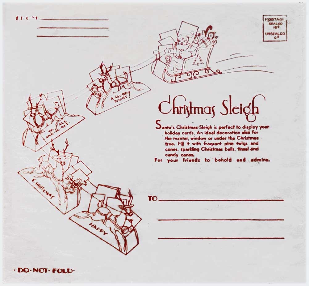 For vintage Hallmark ephemera collectors, The Halloween Retrospect archive is showing this envelope photo of The Christmas Sleight as part of an examination into package development for the holidays during the 1950's.