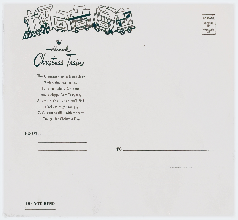 For vintage Hallmark ephemera collectors, The Halloween Retrospect archive is showing this envelope photo of The Christmas Train card holder as part of an examination into package development for the holidays during the 1950's.