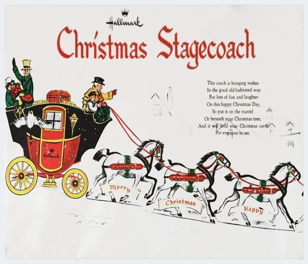 For vintage Hallmark ephemera collectors, The Halloween Retrospect archive is showing this envelope photo of the Christmas Stagecoach card holder as part of an examination into package development for the holidays during the 1950's.
