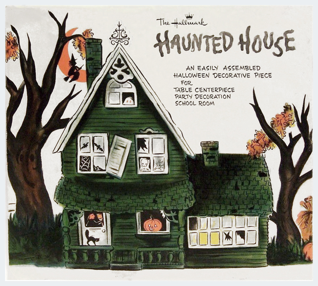 The Hallmark Haunted House assembled decorative piece for table centerpiece, party decoration, and school room is shown here as package mailer featuring illustration (Hallmark 1950's) that will assist vintage Halloween collectible identification from a guidebook series of The Halloween Retrospect archive.