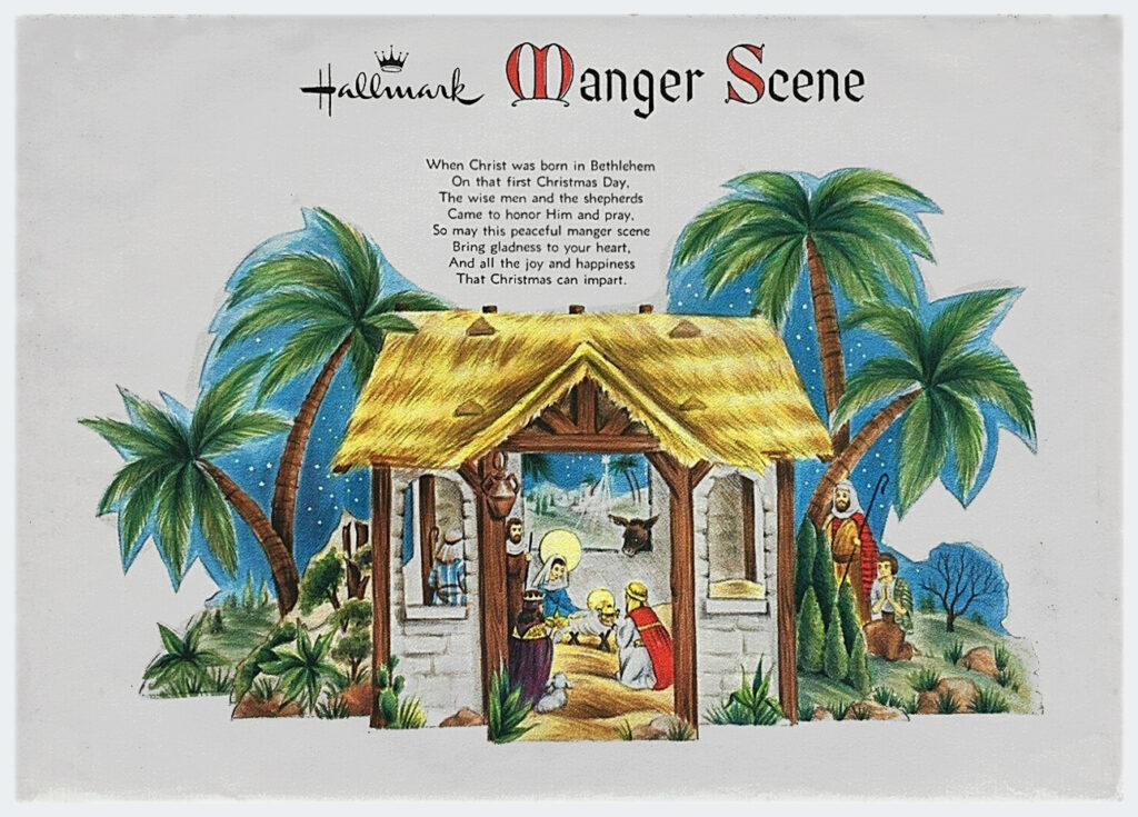 For vintage Hallmark ephemera collectors, The Halloween Retrospect archive is showing this envelope photo of the Manger Scene Christmas centerpiece as part of an examination into package development for the holidays during the 1950's.