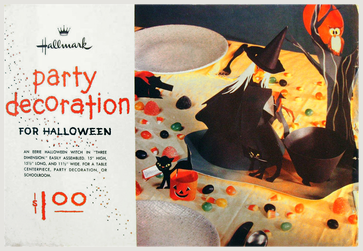 The Hallmark party decoration for Halloween by Hallmark 1950's features an eerie Halloween with in three dimension for party decoration or schoolroom, shown as a photo that will help vintage Halloween collectors with identification from the new guidebook series of The Halloween Retrospect archive.