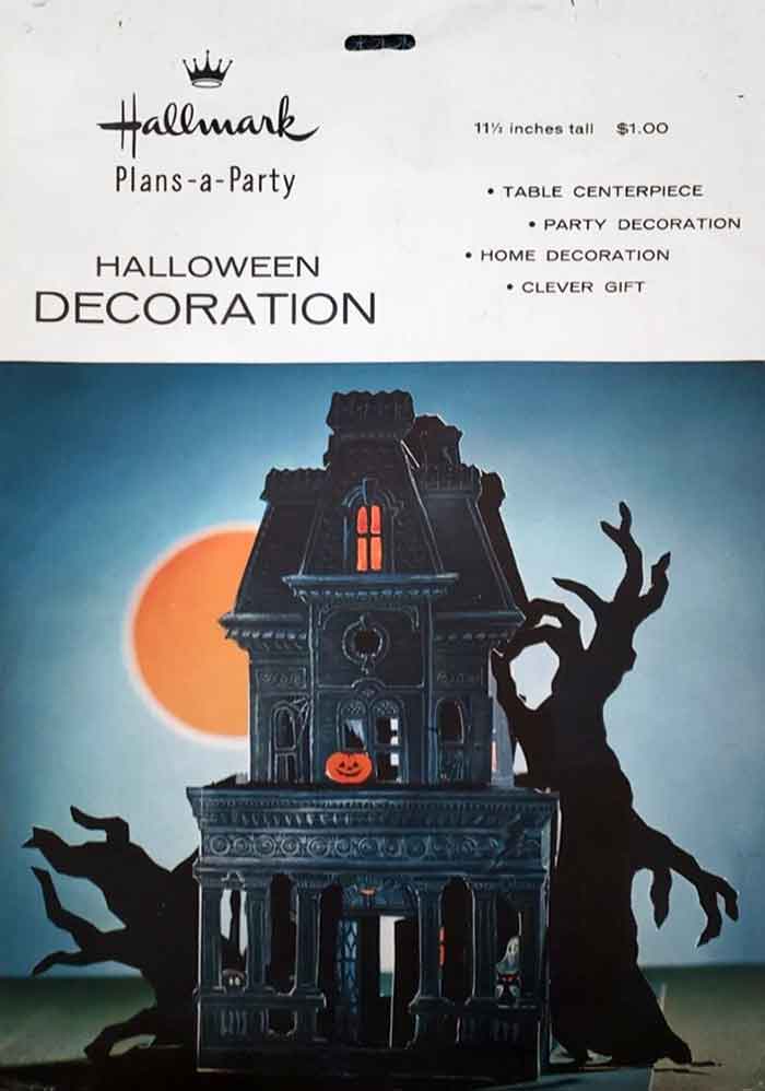 Halloween collector guide for vintage Hallmark pop-up centerpieces, featuring this Plans-a-Party Haunted House package from 1961. (Photos by The Halloween Retrospect archive library).