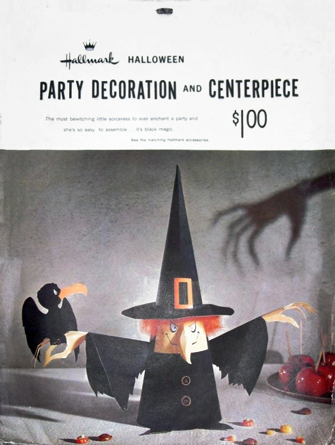 Halloween Party Decoration and Centerpiece package art featuring photo of witch with vulture and candy apples (Hallmark circa 1950's and 1960's) helps vintage Halloween collectors as guidebook identification written by The Halloween Retrospect archive librarian.