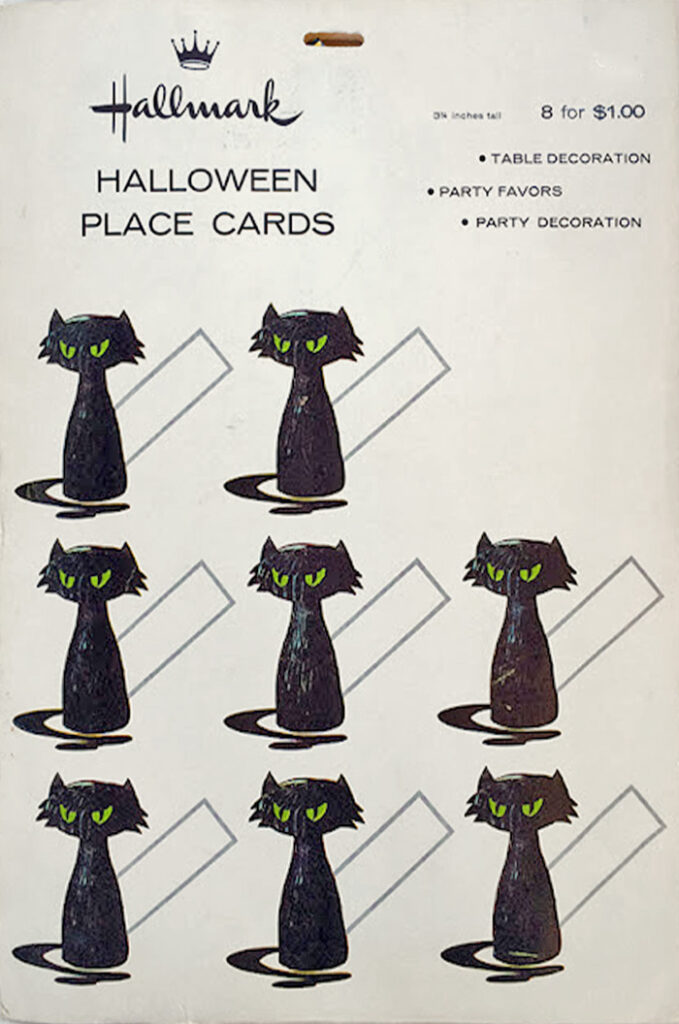 Retro fab sixties black cat with green eyes place cards packages is a Hallmark vintage Halloween collectible from the 1960's. (Envelope identification guide by The Halloween Retrospect archive library).