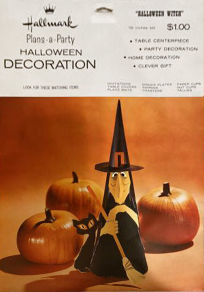 Halloween collector guide blog for identification of Hallmark honeycomb centerpieces feature this Plans-a-Party Halloween Witch package from 1960's. (Photos by The Halloween Retrospect archive library).