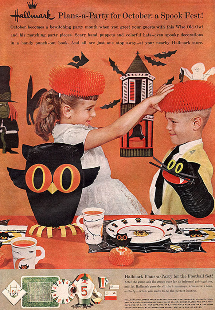 Honeycomb owl is featured as part of this 1960's McCall's Hallmark advertisement for Plans-a-Party (Halloween collector guide by The Halloween Retrospect archive library).