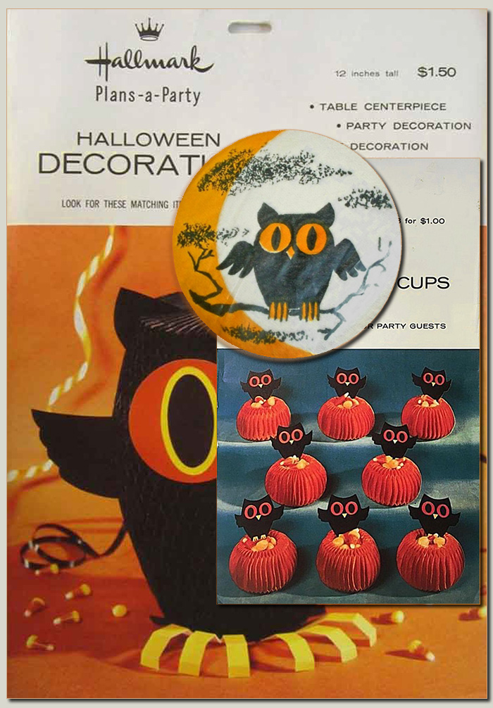 Collage of the 1961 owl Plans-a-Party set from Hallmark featuring centerpiece, nut cups, and coaster. (The Halloween Retrospect vintage collectible guide).