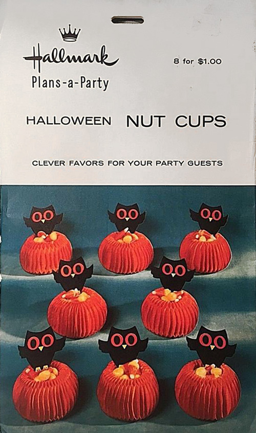 Retro fab owl on honeycomb pumpkins, in a package is a Hallmark vintage Halloween collectible from the 1960's. (Envelope identification guide by The Halloween Retrospect archive library).