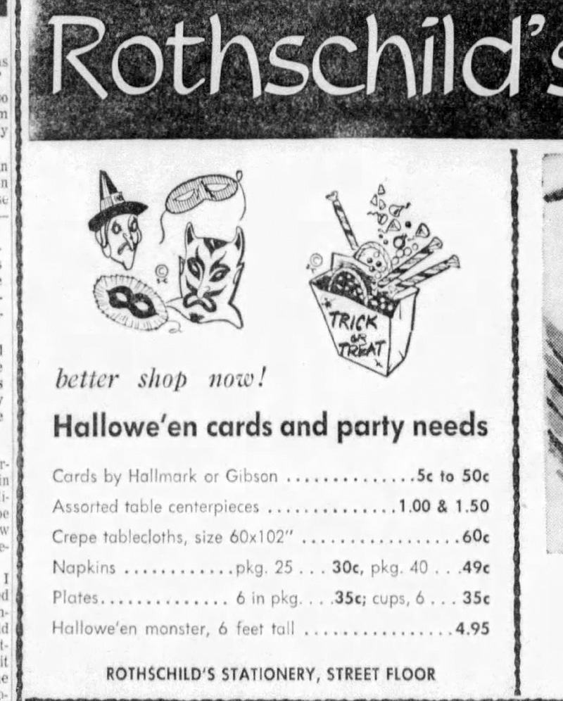 1962 Rothschild's newspaper advertisement featuring items by Hallmark. (The Halloween Retrospect collectible guide).