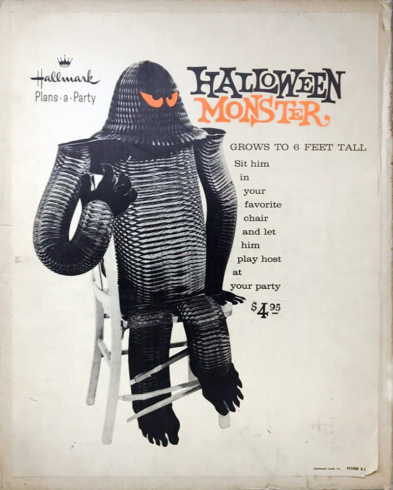 Box front graphics for retro honeycomb Halloween Monster sitting in a chair, is a Hallmark vintage Plans-a-Party collectible from the 1960's. (Envelope identification guide by The Halloween Retrospect archive library).