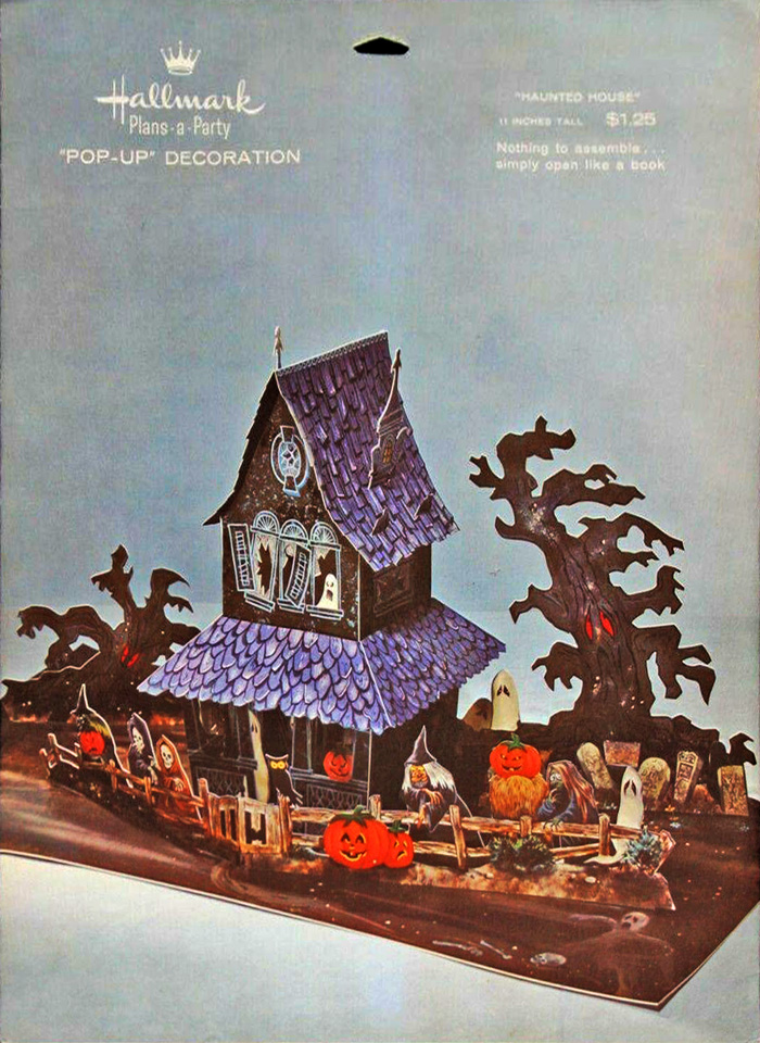 Collectible guide blog for vintage Halloween features this Hallmark pop-up centerpiece from circa 1963 - a Haunted House Plans-a-Party featuring ghosts, witches, jack o'lanterns, skeletons, and spooky trees. (Photos by The Halloween Retrospect archive library).