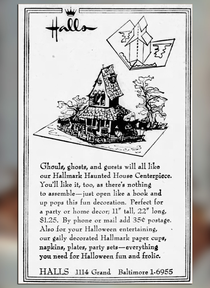 Hall's Kansas City News featured Hallmark's 1963 Haunted House - a decorative pop-up centerpiece for Halloween parties. (Collector guide identification by The Halloween Retrospect archive library). 