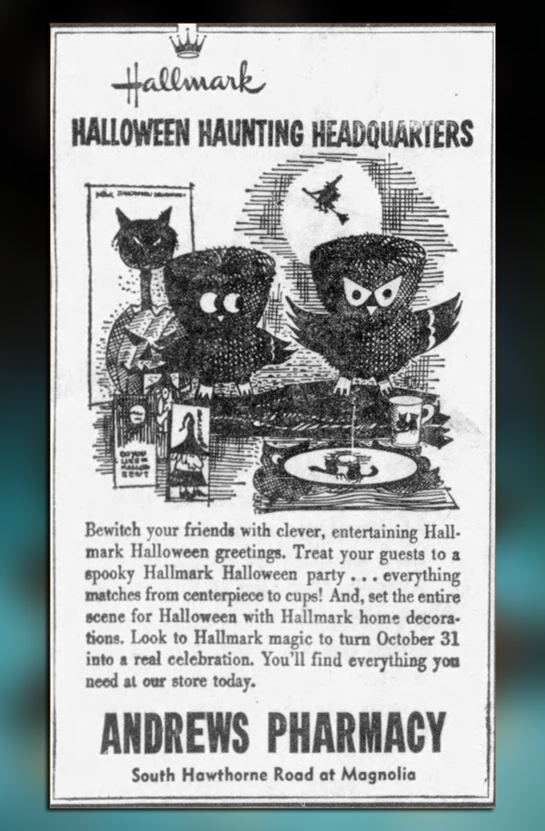 Newspaper advertisement for mid-century 1965 Halloween Owls on stump in front of full moon is by Hallmark Plans-a-Party party decoration series. (Identification guide by The Halloween Retrospect archive library).