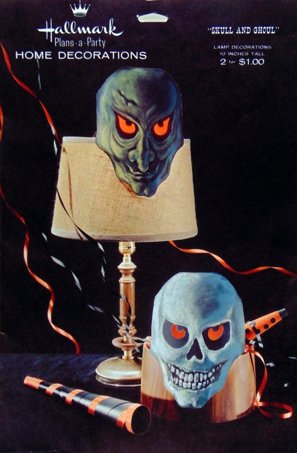 Late 1960's Halloween Skull and Ghoul head decorations with light-up eyes to slip over a lamp in the Hallmark Plans-a-Party series. (Front envelope identification guide by The Halloween Retrospect archive library).