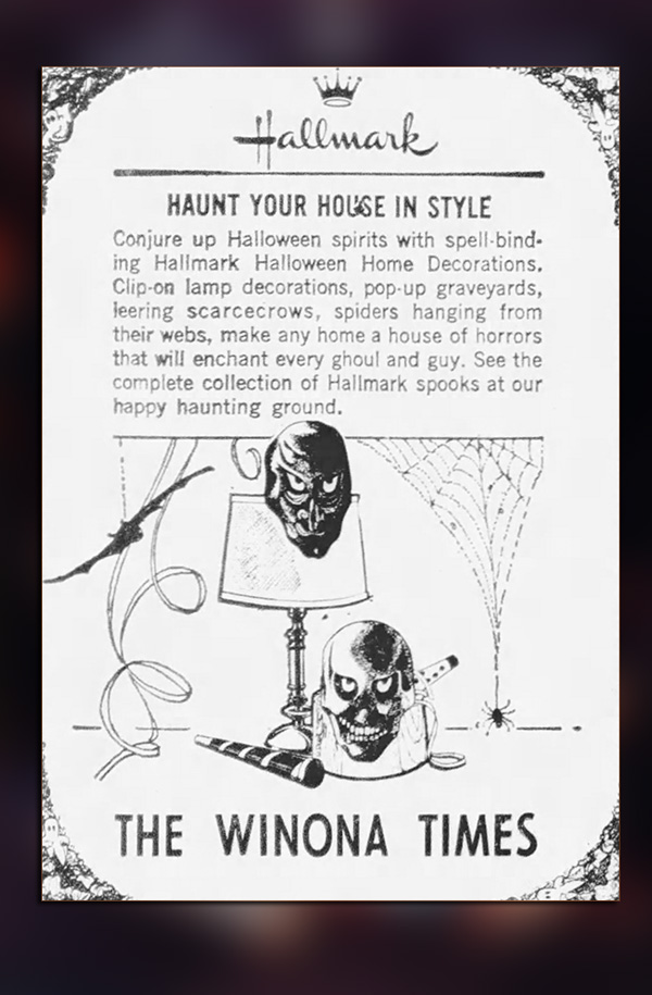 Newspaper ad for late 1960's Halloween Skull and Ghoul head decorations with light-up eyes to slip over a lamp in the Hallmark Plans-a-Party series. (Identification guide by The Halloween Retrospect archive library).
