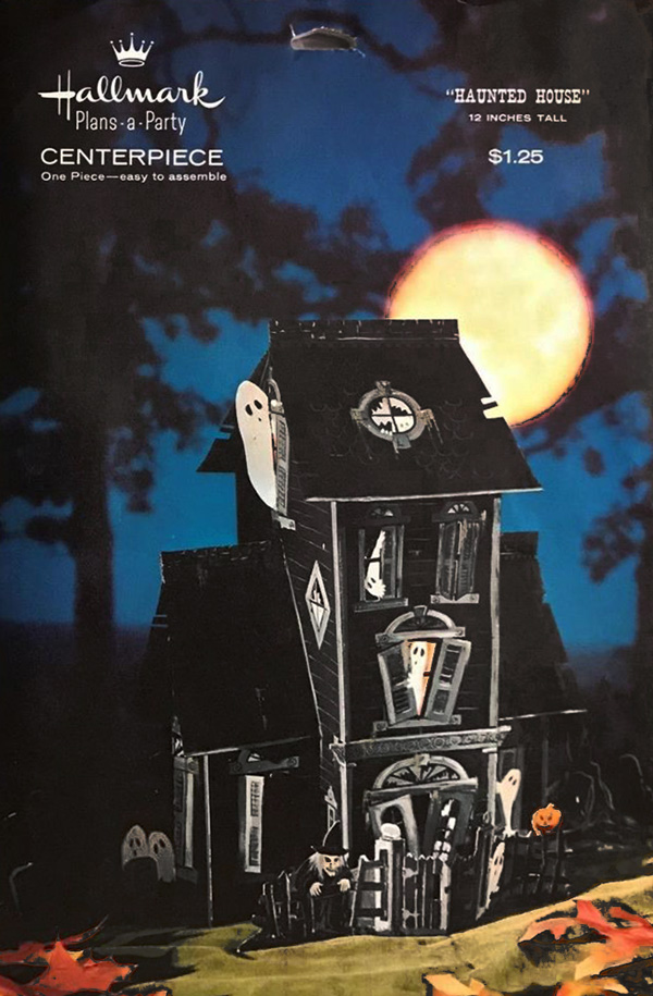 Mid-century 1960's Halloween Hallmark pop-up centerpiece of a Haunted House mansion painted black featuring ghosts popping out of the windows and jack o'lanterns. (Envelope identification guide by The Halloween Retrospect archive library).