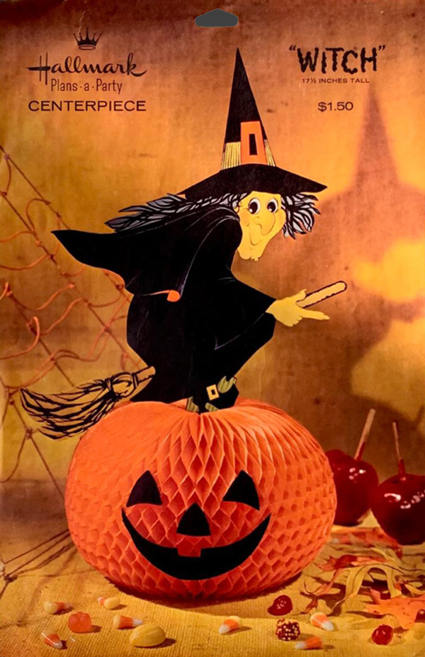 Late retro sixties Halloween Witch flying over a pumpkin is from the Hallmark Plans-a-Party party decoration series. (Front envelope guide by The Halloween Retrospect archive library).