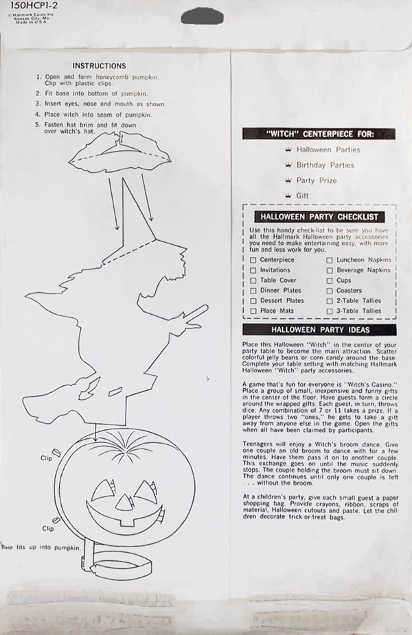 Back envelope of 1969 Halloween Witch flying over a pumpkin is from the Hallmark Plans-a-Party party decoration series. (Envelope guide by The Halloween Retrospect archive library).