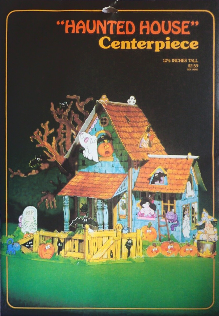 Haunted House Centerpiece envelope by Ambassador (aka Hallmark) from the 1970's is shown here for a timeline that researches a timeline for vintage collectible based on package design for The Halloween Retrospect, Volume 3 guidebook series.