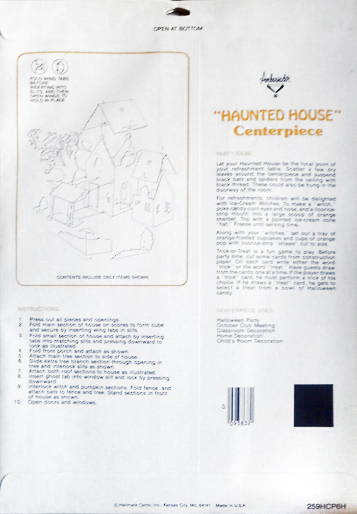 Back of envelope for Haunted House Centerpiece by Ambassador (aka Hallmark) from the 1970's is shown here for a timeline that researches a timeline for vintage collectible based on package design for The Halloween Retrospect, Volume 3 guidebook series.