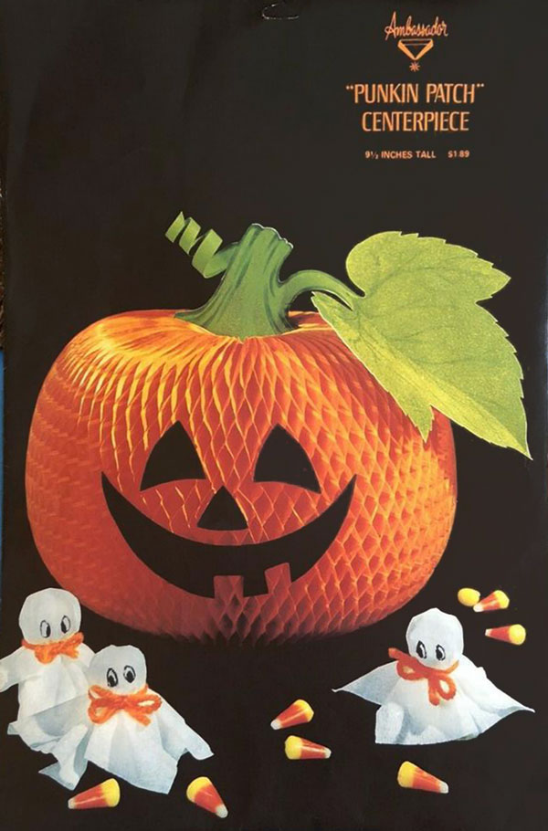 Pumpkin Patch Centerpiece by Ambassador from the 1970's is shown here for a timeline that researches a timeline for vintage collectible based on envelope design for The Halloween Retrospect, Volume 3.