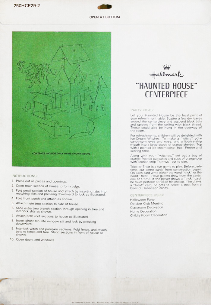 Back of envelope for Haunted House Centerpiece by Hallmark from the 1970's is shown here for a timeline that researches a timeline for vintage collectible based on package design for The Halloween Retrospect, Volume 3 guidebook series.