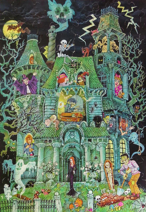 House on Haunted Hill puzzle by Springbok (as purchased by Hallmark) is released in 1973 100 Piece Puzzle Ages 6-8.