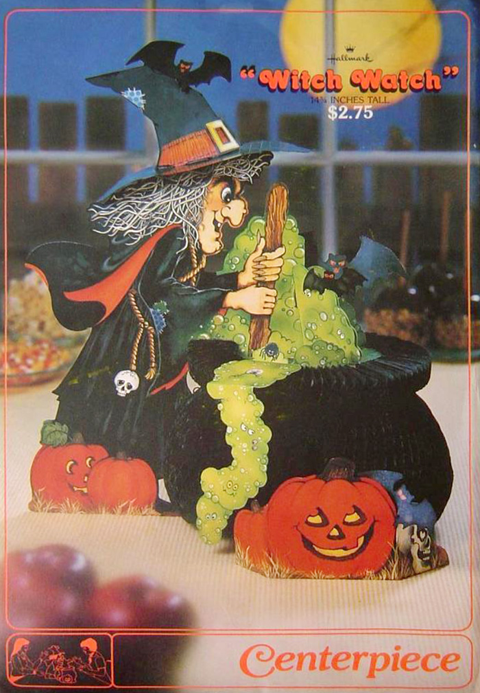 Witch Watch Centerpiece envelope by Hallmark copyright 1980 is shown here for a timeline that researches a timeline for vintage collectible based on package design for The Halloween Retrospect, Volume 3 guidebook series.